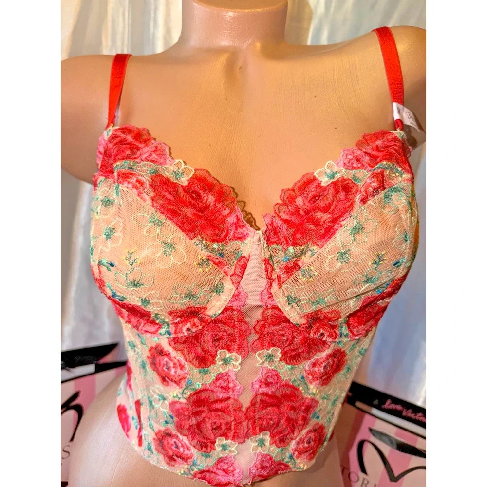Victorias Secret Bra Corset Clubbing Top 34DD Small Thong Embroidered Rose - Picture 4 of 8